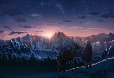 Sleek Anime Wallpaper Nature Wallpaper 4K 1920x1314 Anime-style, Hd, Wallpaper, Depicting, A, Serene, Winter, Landscape, Sunset, Person, Deer, Gazing, Brown, Gray, Full HD