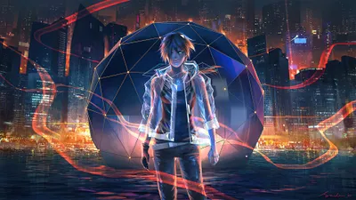 Sleek Anime Wallpaper Abstract Wallpaper 4K 3840x2160 4k, Ultra, Hd, Pc, Desktop, Wallpaper, Anime, Girl, Glowing, Jacket, Stands, Before, Brown, Gray, Ultrawide