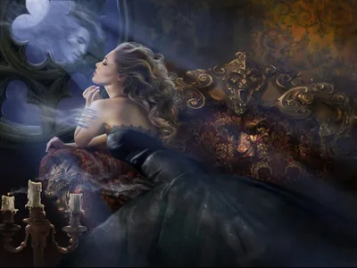 Dreamy Fantasy Wallpaper Fantasy Wallpaper 4K 1920x1440 Hd, Fantasy, Wallpaper, Depicting, A, Woman, In, Dark, Dress, Reclining, Ornate, Couch, Brown, Gray, Landscape, Full HD