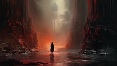 Mysterious Figure Standing Abstract Wallpaper 4K 2912x1632 Hd, Desktop, Wallpaper, Of, A, Mysterious, Figure, Standing, Cave, Ruins, Red, Lighting, Gray, Ultrawide, QHD