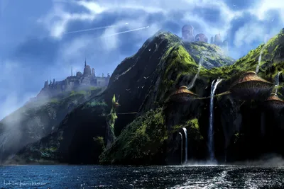 Fantasy City Coastal Nature Wallpaper 4K 1920x1280 Fantasy, City, On, Coastal, Cliffs, With, Multiple, Waterfalls, Plunging, Into, Sea, Under, Pink, White, Landscape, Full HD