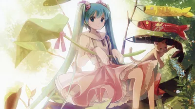 Anime Hatsune Miku Vocaloid Nature Wallpaper 4K 1920x1080 Anime-style, Artwork, Featuring, Hatsune, Miku, From, Vocaloid, Sitting, Tree, Branch, Forest, Desktop, White, Ultrawide, Full HD