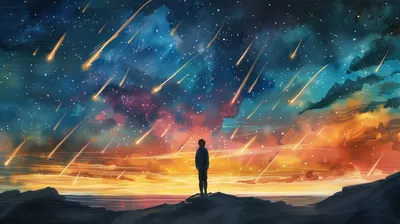 Person Standing Cliff Space Wallpaper 4K 2912x1632 Hd, Desktop, Wallpaper, Featuring, A, Person, Standing, On, Cliff, Gazing, Vibrant, Meteor, Orange, Purple, Ultrawide, QHD