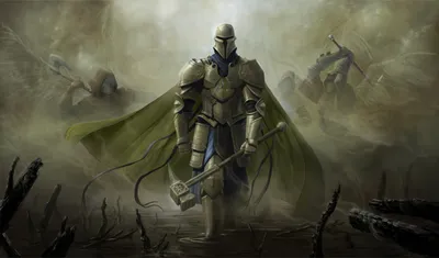 Powerful Fantasy Warrior Stands Amid Fantasy Wallpaper 4K 5916x3472 A, Powerful, Fantasy, Warrior, Stands, Amid, Misty, Battlefield, Wielding, Hammer, Dramatic, Cape, Gray, Ultrawide, 4k