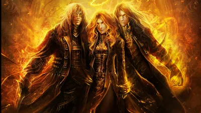 Serene Captivating Wallpaper Fantasy Wallpaper 4K 1920x1080 A, Captivating, Fantasy, Wallpaper, Featuring, Three, Powerful, Warriors, Engulfed, Flames, Showcasing, Their, Orange, Yellow, Purple, Ultrawide, Full HD