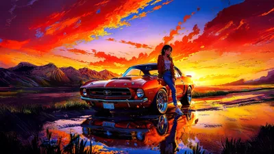 Moody Woman Wallpaper Nature Wallpaper 4K 3840x2160 A, Woman, Leans, Against, Red, Classic, Car, Sunset, Vibrant, Skies, Mountains, Rendered, Ultrawide, 4k