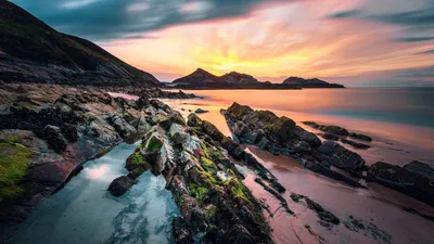 Serene Ocean Wallpaper Nature Wallpaper 4K 1920x1080 Hd, Pc, Desktop, Wallpaper/background:, Ocean, Seascape, Of, A, Rocky, Beach, Sunset, Mossy, White, Pink, Ultrawide, Full HD