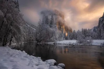 Moody Snow Wallpaper Nature Wallpaper 4K 2048x1365 Snow-covered, Yosemite, National, Park, Scene, A, Calm, River, Reflecting, Mist, Warm, Gray, Ultrawide, Full HD