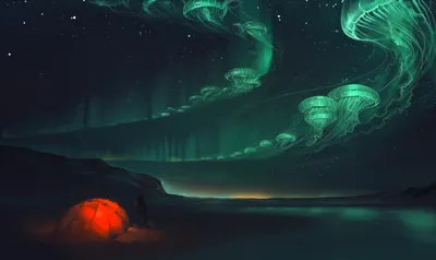 Vivid Vibrant Wallpaper Space Wallpaper 4K 3960x2356 A, Vibrant, Fantasy, Landscape, Featuring, Glowing, Jellyfish-like, Forms, Against, Starry, Sky, Illuminated, Brown, Red, Ultrawide, 4K