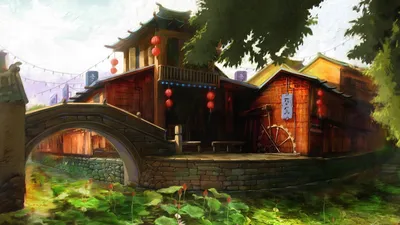 Fantasy Themed Depicting Serene Riverside World Wallpaper 4K 1920x1080 A, Fantasy-themed, Hd, Pc, Desktop, Wallpaper, Depicting, Serene, Riverside, Village, Traditional, Architecture, White, Ultrawide, Full HD