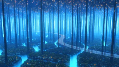 Epic Glowing Wallpaper Nature Wallpaper 4K 3840x2160 A, Glowing, Blue, Fantasy, Forest, With, Tall, Trees, Winding, Path, Illuminated, Small, Brown, Pink, Ultrawide, 4k