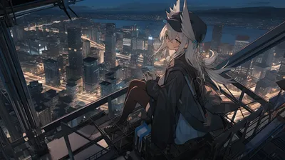 Epic Anime Wallpaper World Wallpaper 4K 8736x4896 An, Anime, Character, With, Long, Hair, Sits, On, Rooftop, Night, Overlooking, Brightly, Gray, Ultrawide, 4k