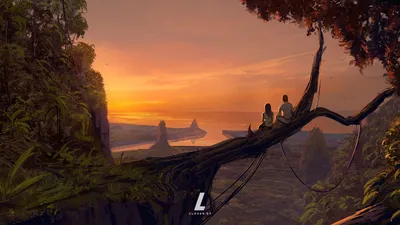 Romantic Couple Sits Tree Branch Nature Wallpaper 4K 1962x1104 A, Romantic, Couple, Sits, On, Tree, Branch, Overlooking, Serene, Landscape, Sunset, Artistic, Gray, Ultrawide, Full HD