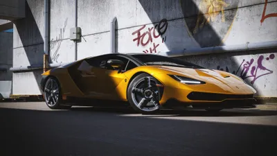 Vivid Yellow Wallpaper Cars Wallpaper 4K 3840x2160 Yellow, Lamborghini, Centenario, Supercar, Parked, By, A, Graffitied, Concrete, Wall, Low-angle, Shot, White, Ultrawide, 4k