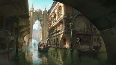 Fantasy City Ornate World Wallpaper 4K 1920x1080 A, Fantasy, City, With, Ornate, Buildings, Lining, Tranquil, Canal, Where, Gondola, Floats, Gray, White, Ultrawide, Full HD