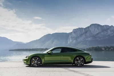 Green Taycan Turbo Lakeside Cars Wallpaper 4K 4096x2731 Green, Porsche, Taycan, Turbo, S, Parked, By, A, Lakeside, Mountains, Sleek, Electric, White, Landscape, 4k