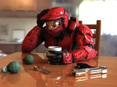 Red Armored Halo Nature Wallpaper 4K 1600x1200 An, Hd, Wallpaper, Featuring, A, Red-armored, Halo, Character, Seated, Table, Holding, Coffee, White, Orange, Landscape