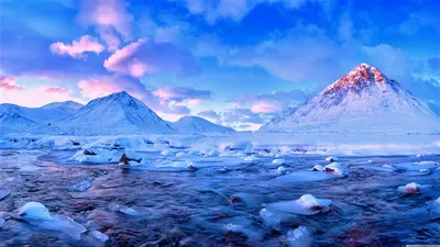 Snow Covered Mountains Nature Wallpaper 4K 1920x1080 Snow-covered, Mountains, Rise, Above, A, Partially, Frozen, Lake, Under, Vibrant, Blue, Sky, Red, Gray, Ultrawide, Full HD