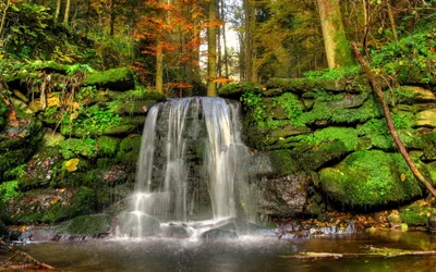 Sleek Serene Wallpaper Nature Wallpaper 4K 2560x1600 A, Serene, Waterfall, Cascades, Over, Moss-covered, Rocks, Surrounded, Lush, Greenery, Vibrant, Autumn, Gray, Ultrawide, QHD