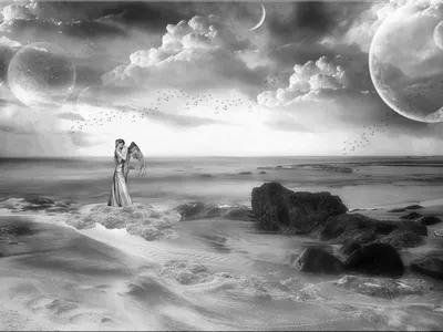 Serene Fantasy Angelic Figure Nature Wallpaper 4K 1600x1200 A, Serene, Fantasy, Scene, Featuring, An, Angelic, Figure, Flowing, Gown, Standing, Rocky, Gray, White, Landscape