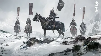 Fantasy Warrior Samurai Horseback Banners Nature Wallpaper 4K 1920x1080 Hd, Fantasy, Warrior, Samurai, On, Horseback, With, Banners, Snowy, Landscape, Designed, Striking, White, Ultrawide, Full HD