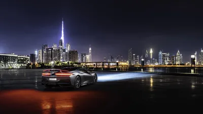 Silver Pininfarina Battista Cars Wallpaper 4K 7680x4320 Silver, Pininfarina, Battista, Supercar, At, Night, On, A, Wet, Waterfront, Dubai, Skyline, Brown, Gray, Ultrawide, 4k
