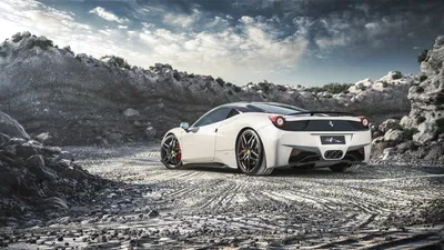 Sleek White Wallpaper Cars Wallpaper 4K 3000x1688 White, Ferrari, 458, Italia, Supercar, Parked, On, Rocky, Terrain, Under, Dramatic, Sky, Gray, Ultrawide, QHD