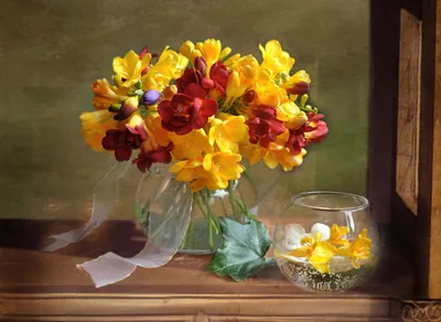 Vibrant Arrangement Yellow Nature Wallpaper 4K 2050x1496 A, Vibrant, Arrangement, Of, Yellow, And, Red, Flowers, Glass, Vase, Accompanied, Smaller, Brown, Landscape, Full HD