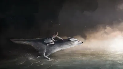 Fantastical Figure Riding Animals Wallpaper 4K 1920x1080 A, Fantastical, Scene, Featuring, Figure, Riding, Large, Ethereal, Wolf, Through, Shimmering, Waters, Gray, Ultrawide, Full HD