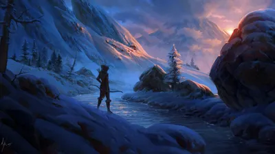 Sleek Woman Wallpaper Nature Wallpaper 4K 1920x1080 A, Woman, Warrior, Stands, Poised, With, Bow, Serene, Winter, Landscape, Surrounded, Snow-covered, Black, Ultrawide, Full HD