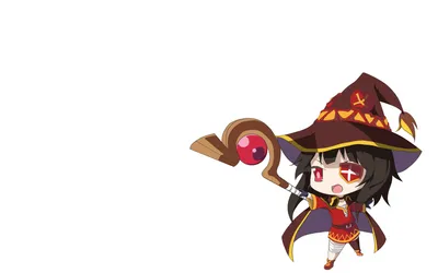 Chibi Megumin Konosuba Fantasy Wallpaper 4K 2560x1600 Chibi, Megumin, From, Konosuba, Dressed, In, Her, Signature, Wizard, Outfit, Holding, Staff, White, Ultrawide, QHD