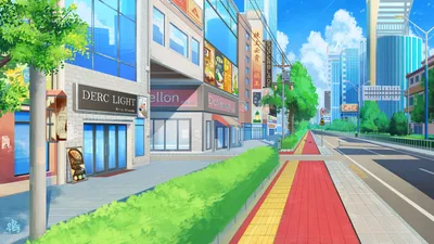 Bright Anime City Street World Wallpaper 4K 1920x1080 Bright, Anime, City, Street, With, Modern, Buildings, And, Storefronts, Tree-lined, Sidewalk, Red-yellow, Orange, White, Gray, Ultrawide, Full HD