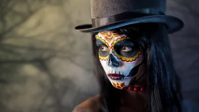 Misty Person Wallpaper Abstract Wallpaper 4K 1920x1080 Hd, Wallpaper, Of, A, Person, Wearing, Sugar, Skull, Makeup, Top, Hat, Artistically, Gray, Ultrawide, Full HD