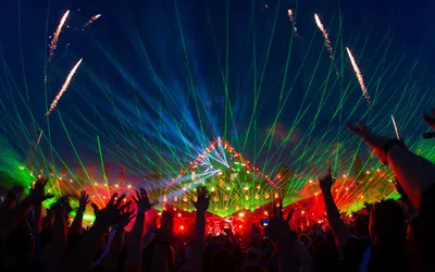 Dark Vibrant Wallpaper Abstract Wallpaper 4K 1920x1200 Vibrant, Music, Concert, Scene, With, Colorful, Lasers, Fireworks, Crowd, Raising, Hands, Captured, Brown, Black, Ultrawide, Full HD
