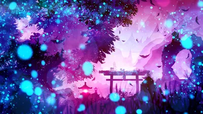 Vibrant Fantasy Landscape Shrine Lanterns Nature Wallpaper 4K 1920x1080 A, Vibrant, Fantasy, Landscape, Featuring, Shrine, And, Lanterns, Bathed, Glowing, Blue, Purple, White, Ultrawide, Full HD
