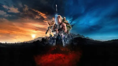 Man Allies Atop Rocky Fortress Nature Wallpaper 4K 3840x2160 He-man, And, Allies, Atop, A, Rocky, Fortress, Sword, Raised, Against, Fiery, Sunset, Brown, Red, Ultrawide, 4K