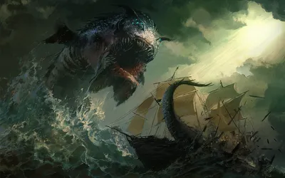 Calm Dramatic Wallpaper Nature Wallpaper 4K 1680x1050 A, Dramatic, Fantasy, Scene, Depicting, Colossal, Sea, Monster, Emerging, Tumultuous, Waves, Ship, White, Gray, Ultrawide