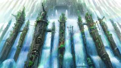 Fantastical Building Rises Amidst Nature Wallpaper 4K 1920x1080 A, Fantastical, Building, Rises, Amidst, Towering, Overgrown, Pillars, Surrounded, Cascading, Waterfalls, Vibrant, White, Ultrawide, Full HD
