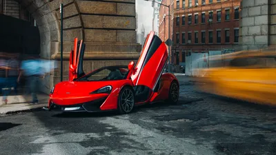 Red Mclaren 570s Spider Supercar Cars Wallpaper 4K 6000x3375 Red, Mclaren, 570s, Spider, Supercar, Vehicle, With, Butterfly, Doors, Open, Wet, City, White, Ultrawide, 4k
