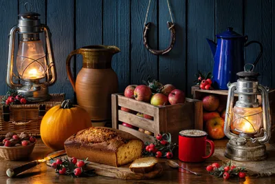 Dark Still Wallpaper Nature Wallpaper 4K 5184x3456 A, Still, Life, Photography, Scene, Featuring, Autumn, Fruits, Pumpkin, Bread, Vintage, Lanterns, Brown, Landscape, 4k