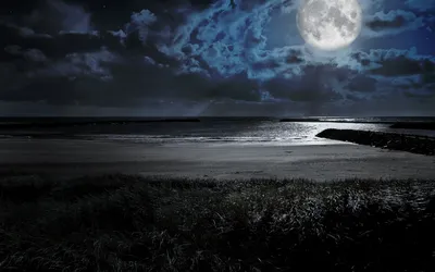 Serene Nighttime Landscape Nature Wallpaper 4K 1920x1200 A, Serene, Nighttime, Landscape, Featuring, Glowing, Moon, Illuminating, Tranquil, Beach, Scene, Surrounded, White, Gray, Ultrawide, Full HD