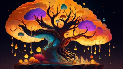 Vibrant Art Fantastical Black/Dark Wallpaper 4K 3072x1728 Vibrant, Ai, Art, Of, A, Fantastical, Tree, With, Glowing, Orange, Purple, Foliage, Ultrawide, QHD