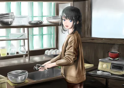 Anime Original Young Black/Dark Wallpaper 4K 2047x1447 Hd, Anime-style, Original, Desktop, Wallpaper, Featuring, A, Young, Woman, Dark, Hair, Washing, White, Landscape, Full HD