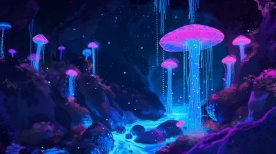 Captivating Fantasy Cave Fantasy Wallpaper 4K 2912x1632 A, Captivating, Fantasy, Cave, Illuminated, By, Bioluminescent, Mushrooms, Featuring, Vibrant, Pink, Blue, Brown, Ultrawide, QHD