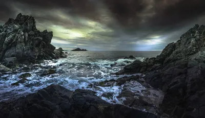 Dark Rocky Coast Black/Dark Wallpaper 4K 2048x1184 Dark, Clouds, Over, Rocky, Coast, Gray, Ultrawide, Full HD