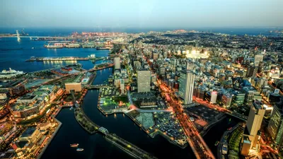 Bright Aerial Wallpaper World Wallpaper 4K 2560x1440 Aerial, Yokohama, Cityscape, Japan, At, Dusk, With, Illuminated, Harbor, Bridges, Skyscrapers, Quad, White, Ultrawide, QHD