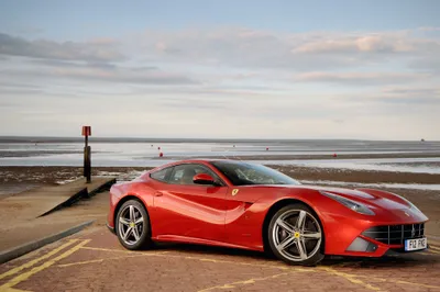 Red F12berlinetta Supercar Seaside Low Cars Wallpaper 4K 4096x2726 Red, Ferrari, F12berlinetta, Supercar, Parked, On, A, Seaside, Road, Low, Tide, Sleek, White, Gray, Ultrawide, 4k