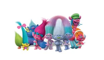 Sleek Vibrant Wallpaper Abstract Wallpaper 4K 3500x2030 Vibrant, Trolls, From, The, Movie, Pose, Together, Showcasing, Their, Colorful, Hair, Whimsical, White, Ultrawide, QHD
