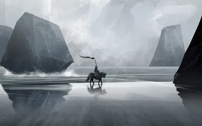 Fantasy Knight Horseback Rides Across Animals Wallpaper 4K 1920x1200 Fantasy, Knight, On, Horseback, Rides, Across, A, Misty, Beach, Towering, Rock, Formations, White, Ultrawide, Full HD