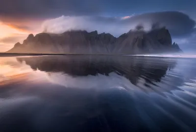 Vestrahorn Mountains Silhouetted Sunset Reflected Nature Wallpaper 4K 7360x4973 Vestrahorn, Mountains, Silhouetted, At, Sunset, Reflected, On, Black, Sand, Glassy, Sea, Ultra, Brown, Gray, Landscape, 4k